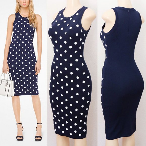 MICHAEL Michael Kors Dresses & Skirts - Michael Kors Navy Blue White Sequins Floral Rosette Embellished Knit Midi Dress
